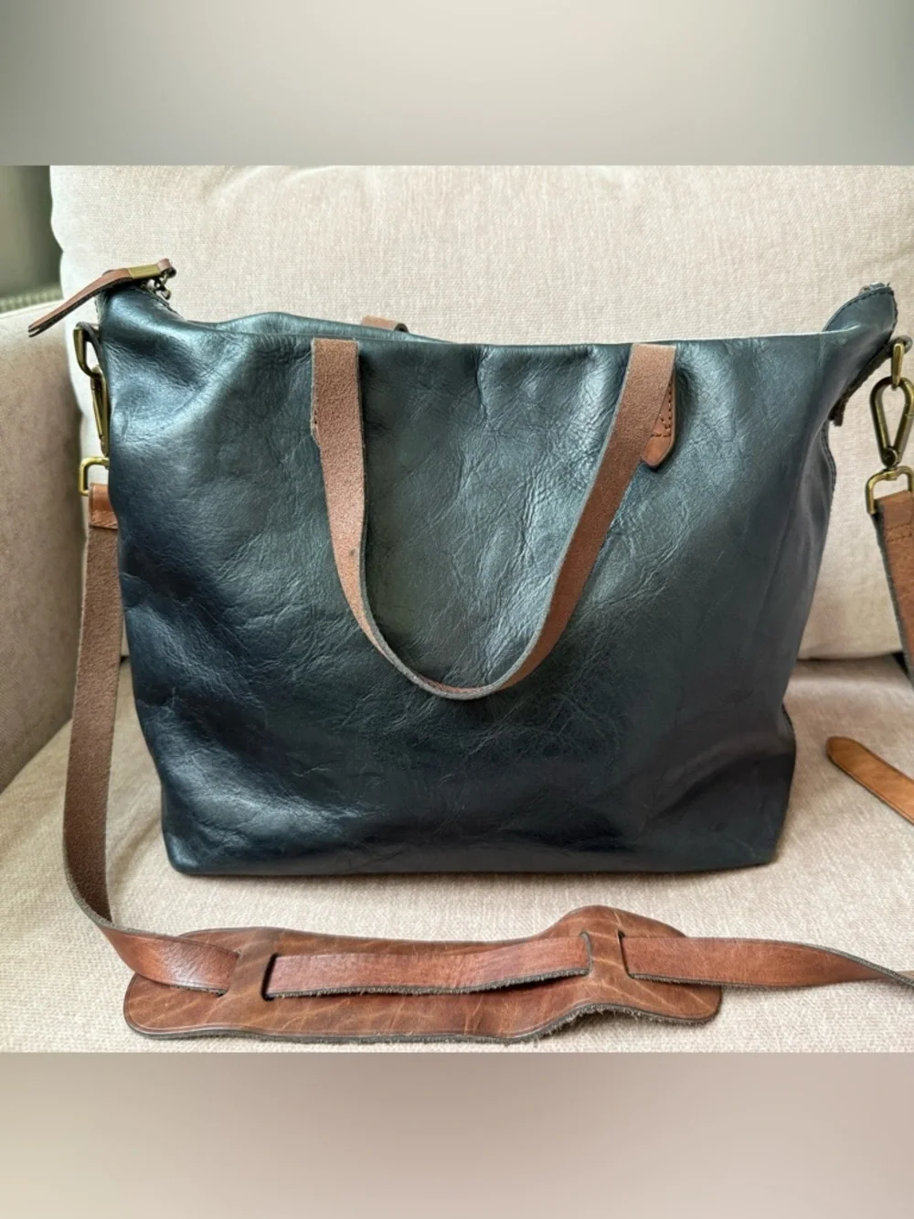Madewell Leather Transport Zip Top Carryall Crossbody Black Brown Tote Bag